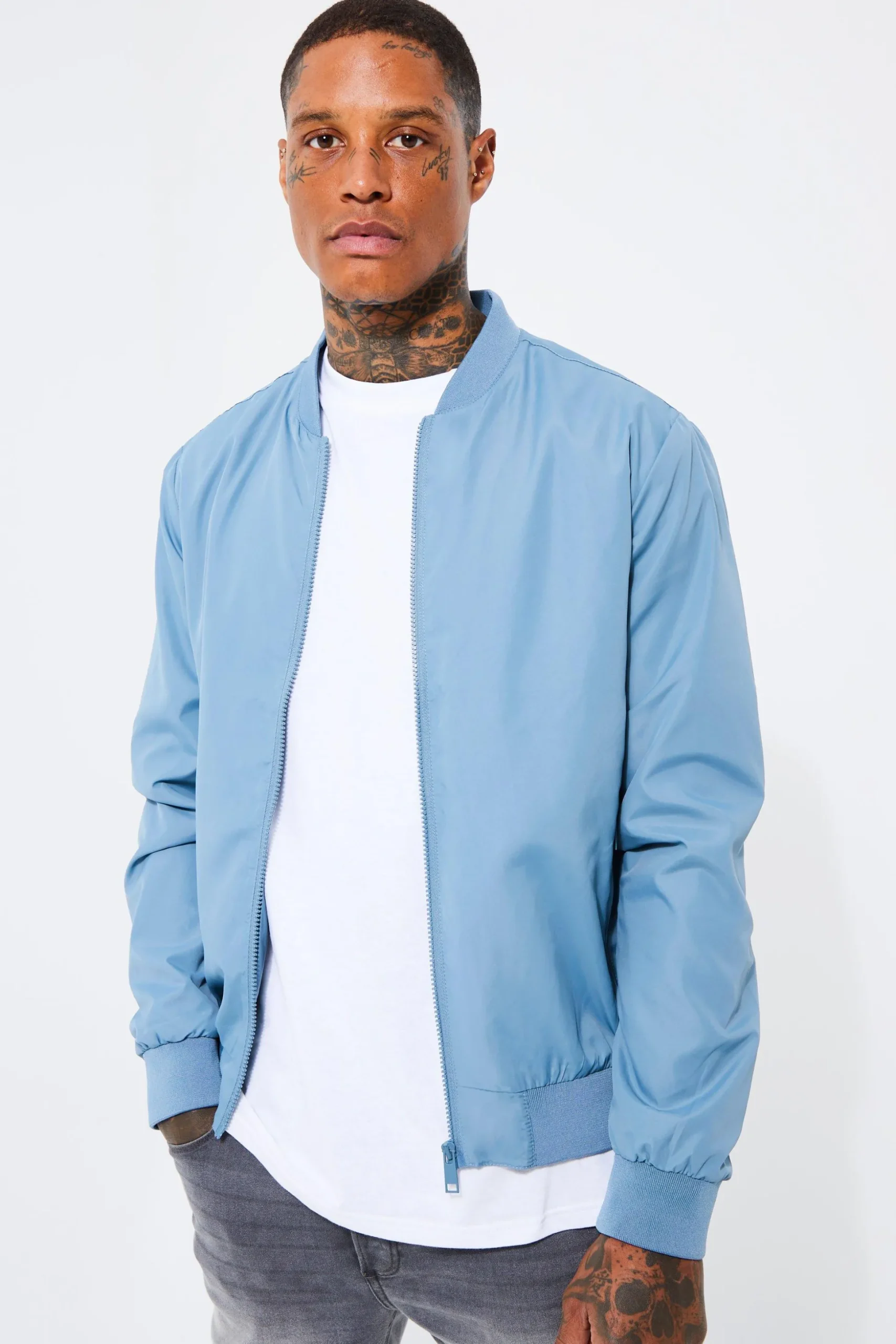 Lightweight Bomber Jacket In Blue | BoohooMAN UK