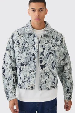 Lil Tjay Boxy Distressed Tapestry Denim Jacket | BoohooMAN UK