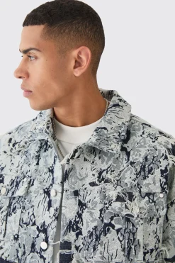 Lil Tjay Boxy Distressed Tapestry Denim Jacket | BoohooMAN UK