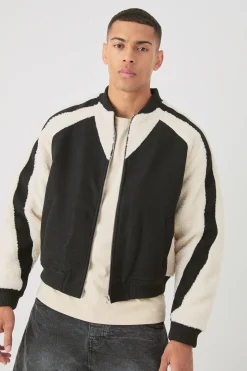 Limited Applique Borg And Melton Bomber In Black | BoohooMAN UK