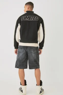 Limited Applique Borg And Melton Bomber In Black | BoohooMAN UK