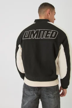 Limited Applique Borg And Melton Bomber In Black | BoohooMAN UK