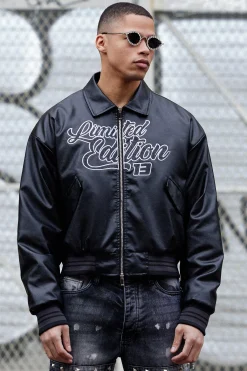Limited Edition Boxy Pu Collared Bomber | BoohooMAN UK
