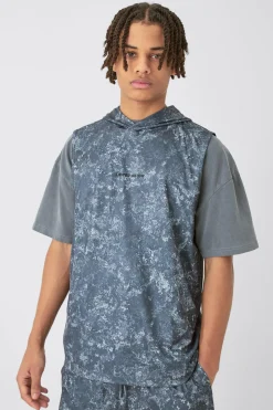 Limited Edition Concrete Print Basketball Hooded Tank | BoohooMAN UK
