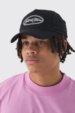 Limited Edition Embroidered Mesh Panel Cap In Black | BoohooMAN UK