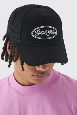 Limited Edition Embroidered Mesh Panel Cap In Black | BoohooMAN UK