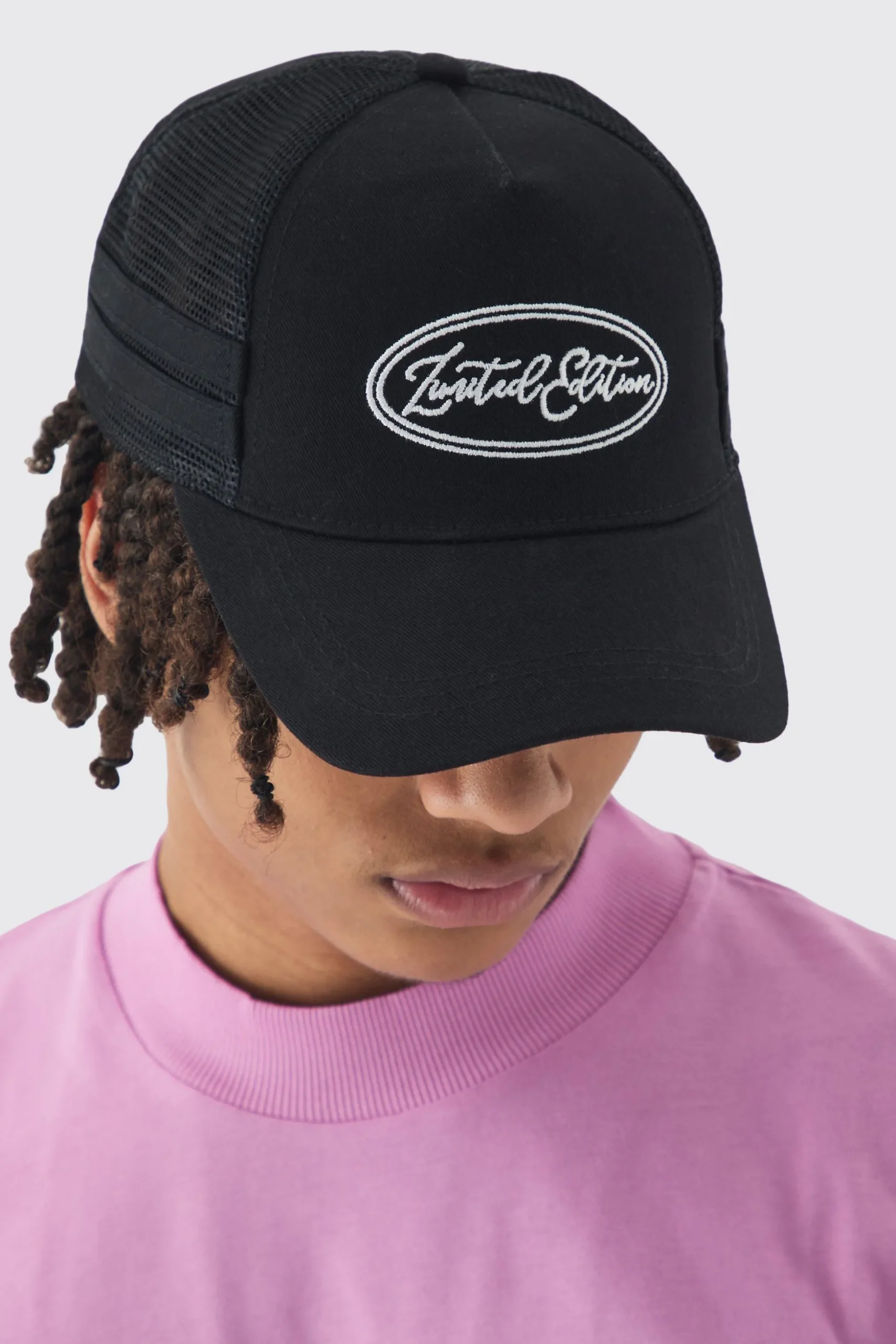 Limited Edition Embroidered Mesh Panel Cap In Black | BoohooMAN UK
