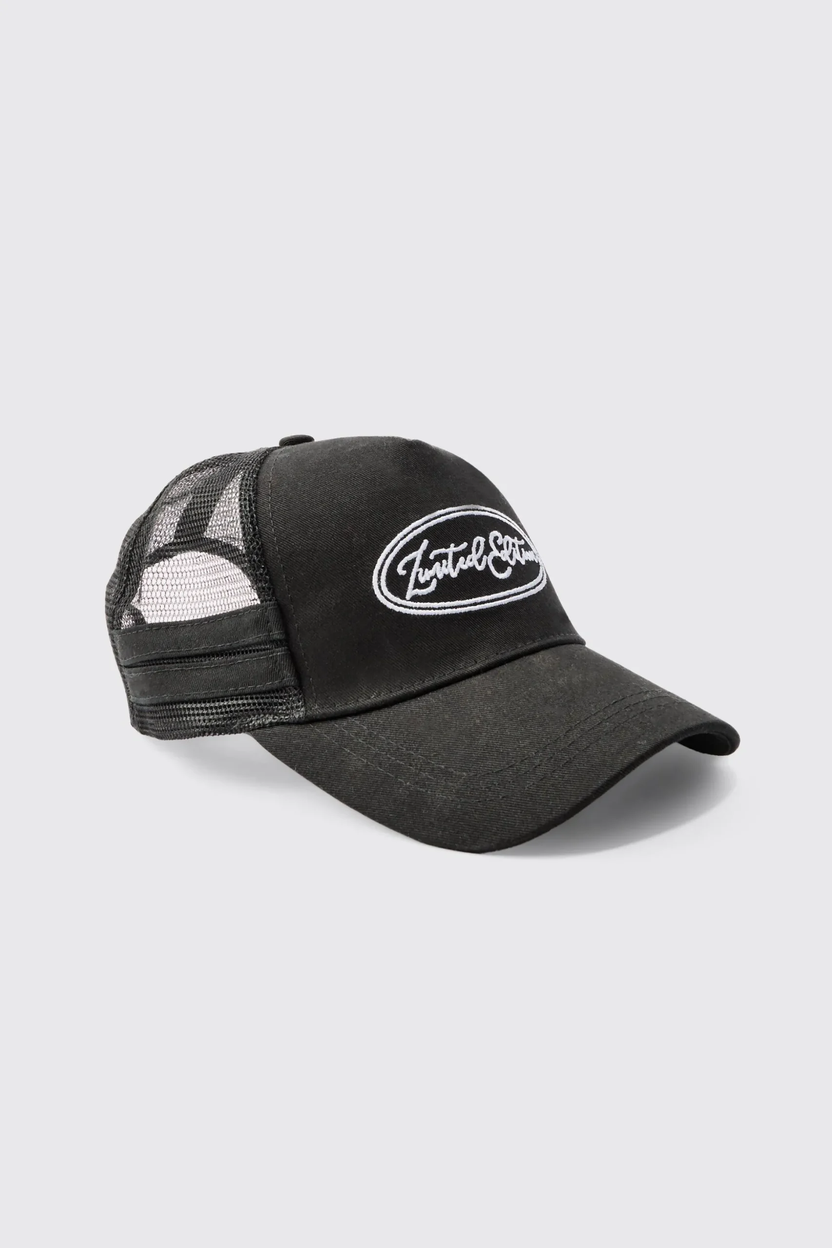 Limited Edition Embroidered Mesh Panel Cap In Black | BoohooMAN UK