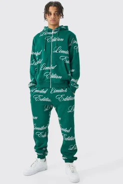 Limited Edition Script All Over Print Zip Hooded Tracksuit | BoohooMAN UK