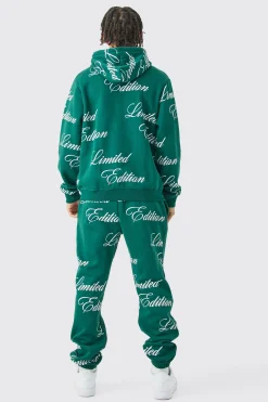 Limited Edition Script All Over Print Zip Hooded Tracksuit | BoohooMAN UK