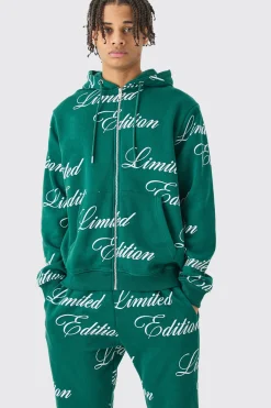 Limited Edition Script All Over Print Zip Hooded Tracksuit | BoohooMAN UK