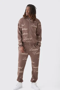 Limited Edition Script All Over Print Zip Hooded Tracksuit | BoohooMAN UK