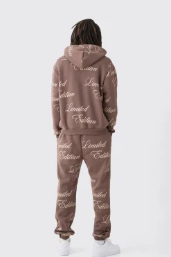 Limited Edition Script All Over Print Zip Hooded Tracksuit | BoohooMAN UK