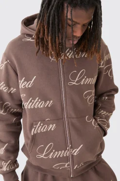 Limited Edition Script All Over Print Zip Hooded Tracksuit | BoohooMAN UK