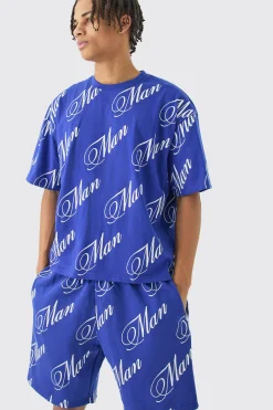 Limited Edition Script All Over Print Boxy Short Set | BoohooMAN UK