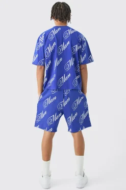 Limited Edition Script All Over Print Boxy Short Set | BoohooMAN UK