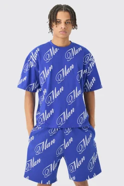 Limited Edition Script All Over Print Boxy Short Set | BoohooMAN UK