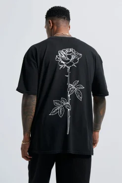 Line Drawn Rose Stem Print T-shirt | BoohooMAN UK