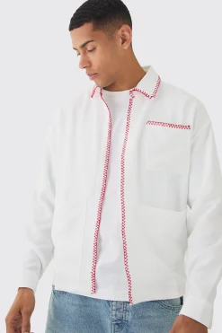 Linen Contrast Stitch Overshirt | BoohooMAN UK