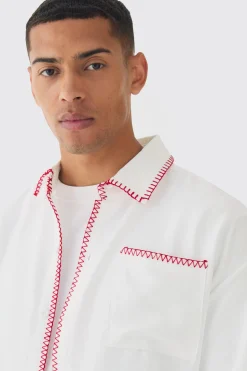 Linen Contrast Stitch Overshirt | BoohooMAN UK
