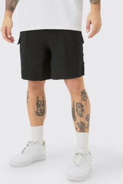 Linen Look Pin Tuck Elasticated Waist Cargo Relaxed Shorts | BoohooMAN UK