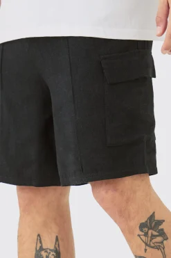 Linen Look Pin Tuck Elasticated Waist Cargo Relaxed Shorts | BoohooMAN UK