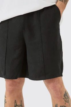 Linen Look Pin Tuck Elasticated Waist Relaxed Shorts | BoohooMAN UK