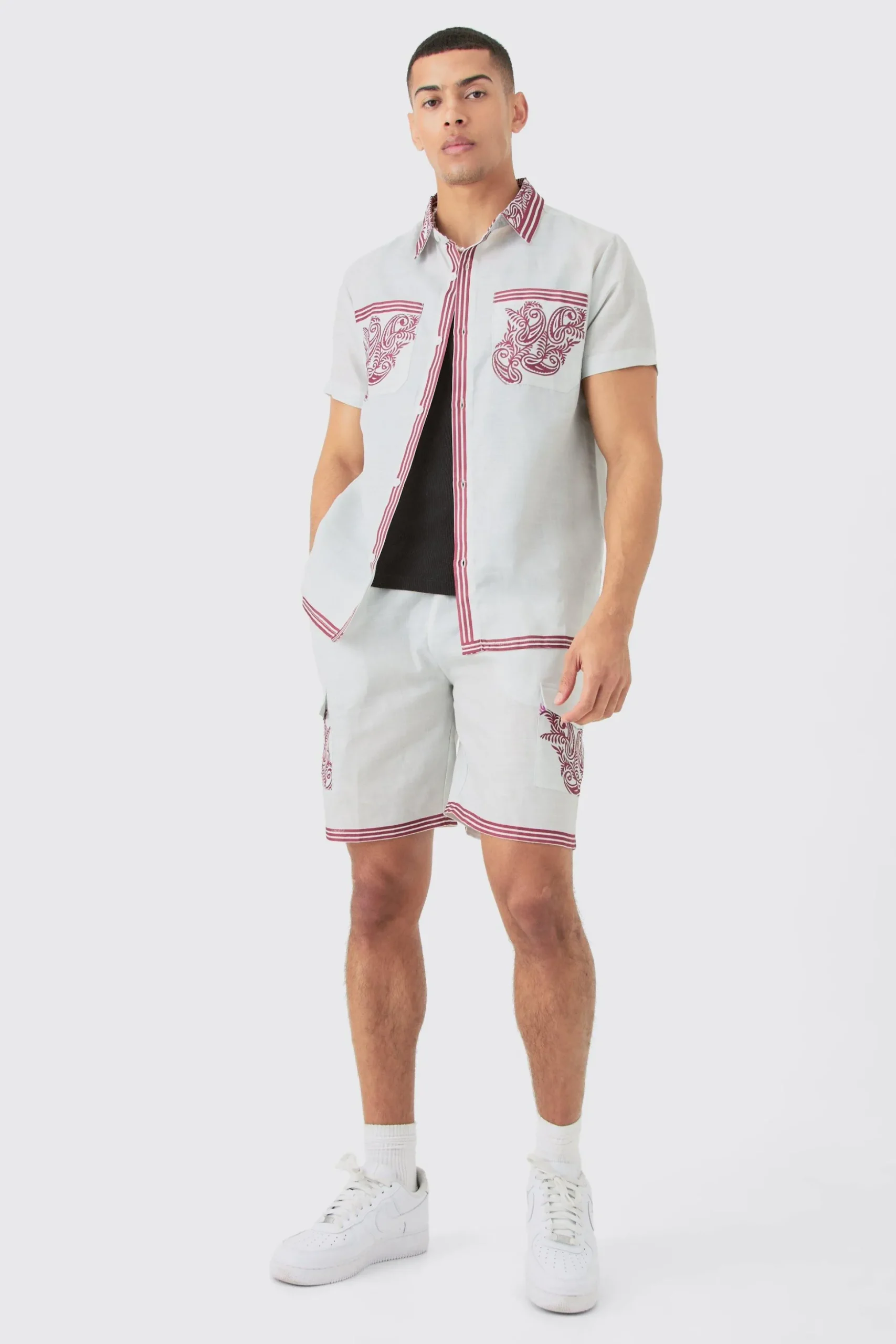 Linen Look Pocket And Collar Detail Shirt & Short Set | BoohooMAN UK
