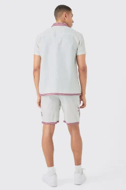 Linen Look Pocket And Collar Detail Shirt & Short Set | BoohooMAN UK