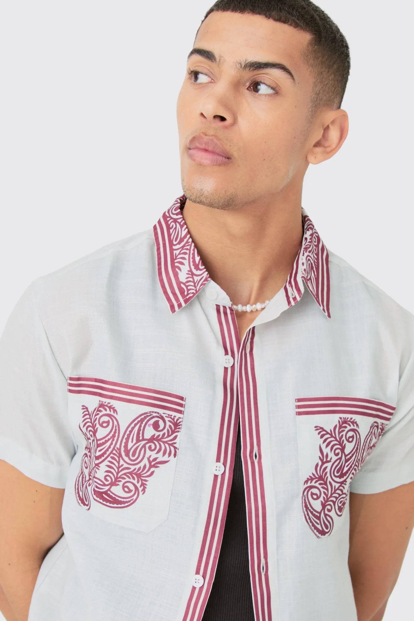 Linen Look Pocket And Collar Detail Shirt & Short Set | BoohooMAN UK
