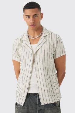 Linen Look Revere Stripe Shirt | BoohooMAN UK
