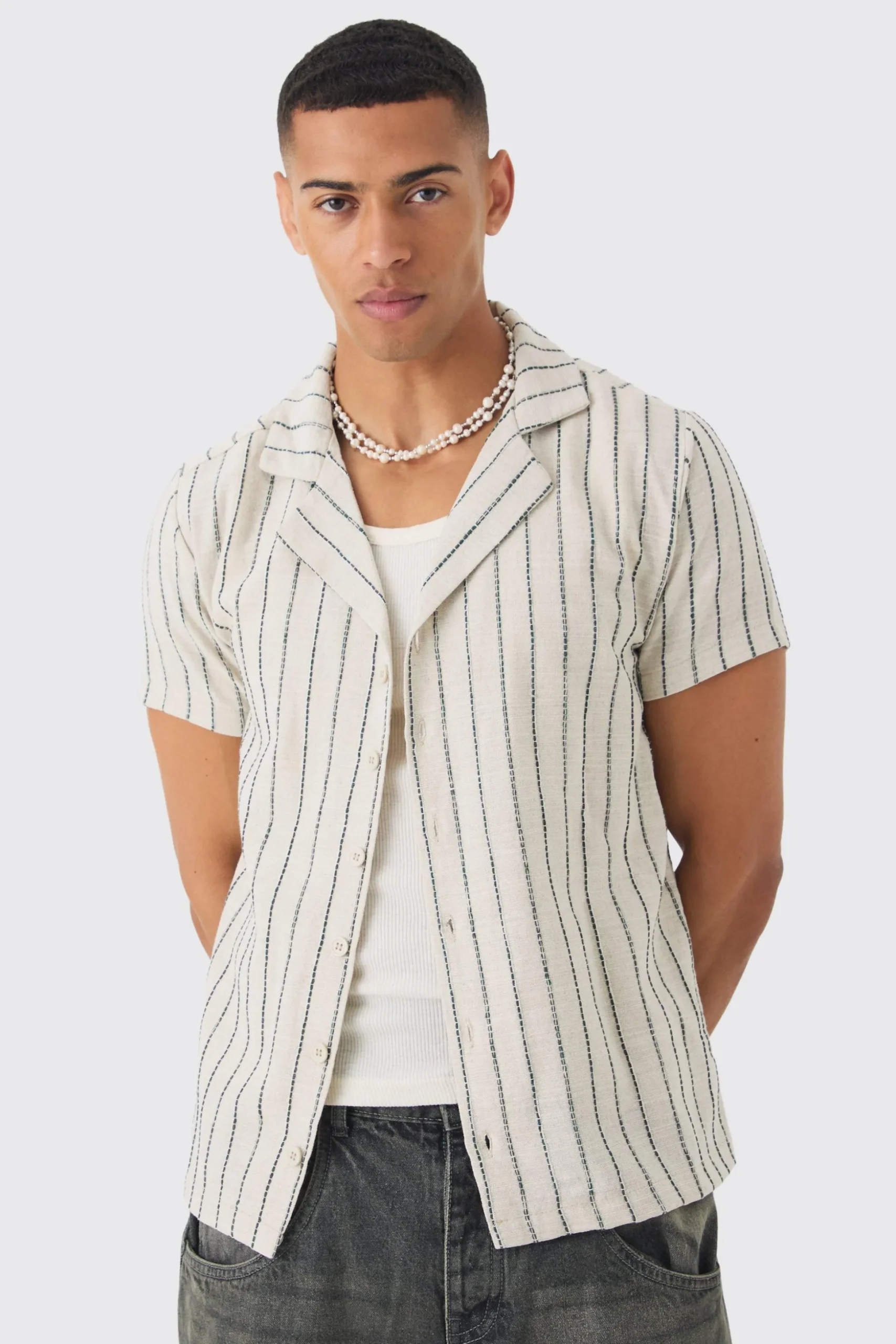 Linen Look Revere Stripe Shirt | BoohooMAN UK