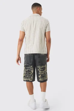 Linen Look Revere Stripe Shirt | BoohooMAN UK