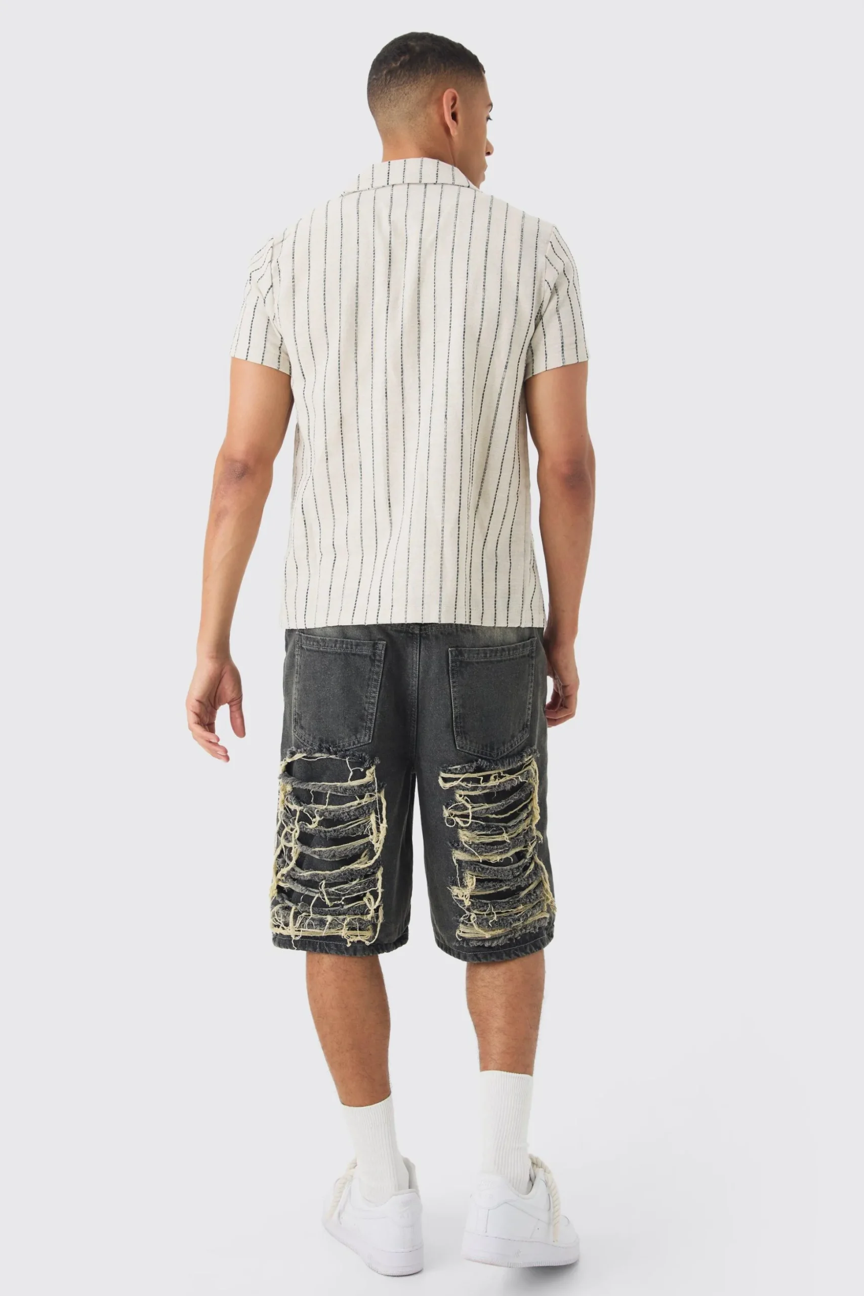 Linen Look Revere Stripe Shirt | BoohooMAN UK