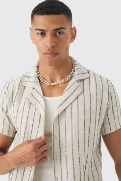 Linen Look Revere Stripe Shirt | BoohooMAN UK