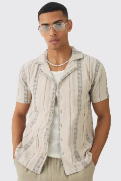 Linen Look Revere Stripe Shirt | BoohooMAN UK