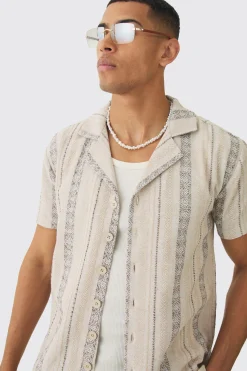 Linen Look Revere Stripe Shirt | BoohooMAN UK