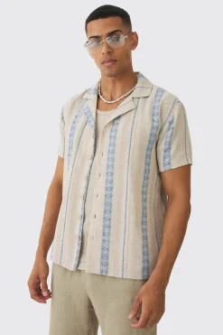 Linen Look Revere Stripe Shirt | BoohooMAN UK
