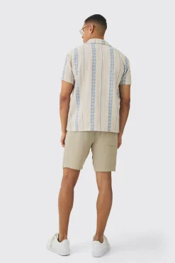 Linen Look Revere Stripe Shirt | BoohooMAN UK