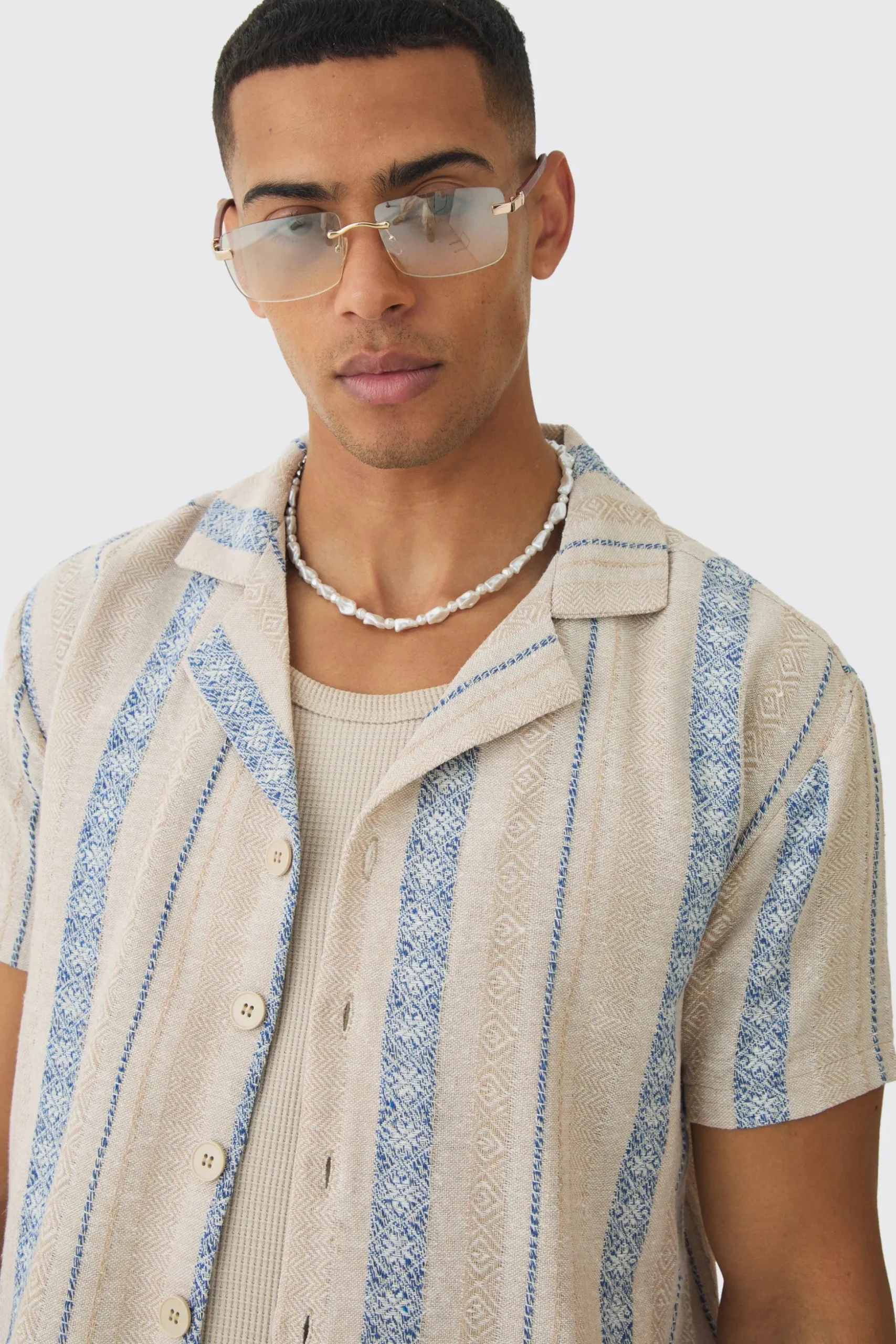 Linen Look Revere Stripe Shirt | BoohooMAN UK