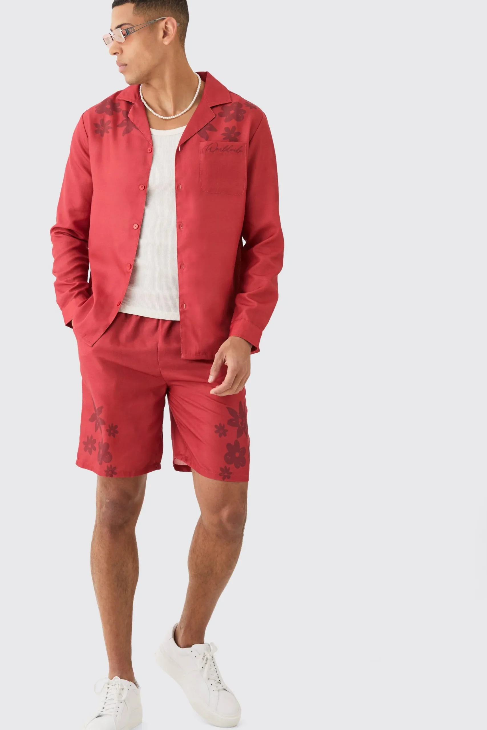 Linen Look Revere Tonal Floral Shoulder Shirt & Short Set | BoohooMAN UK