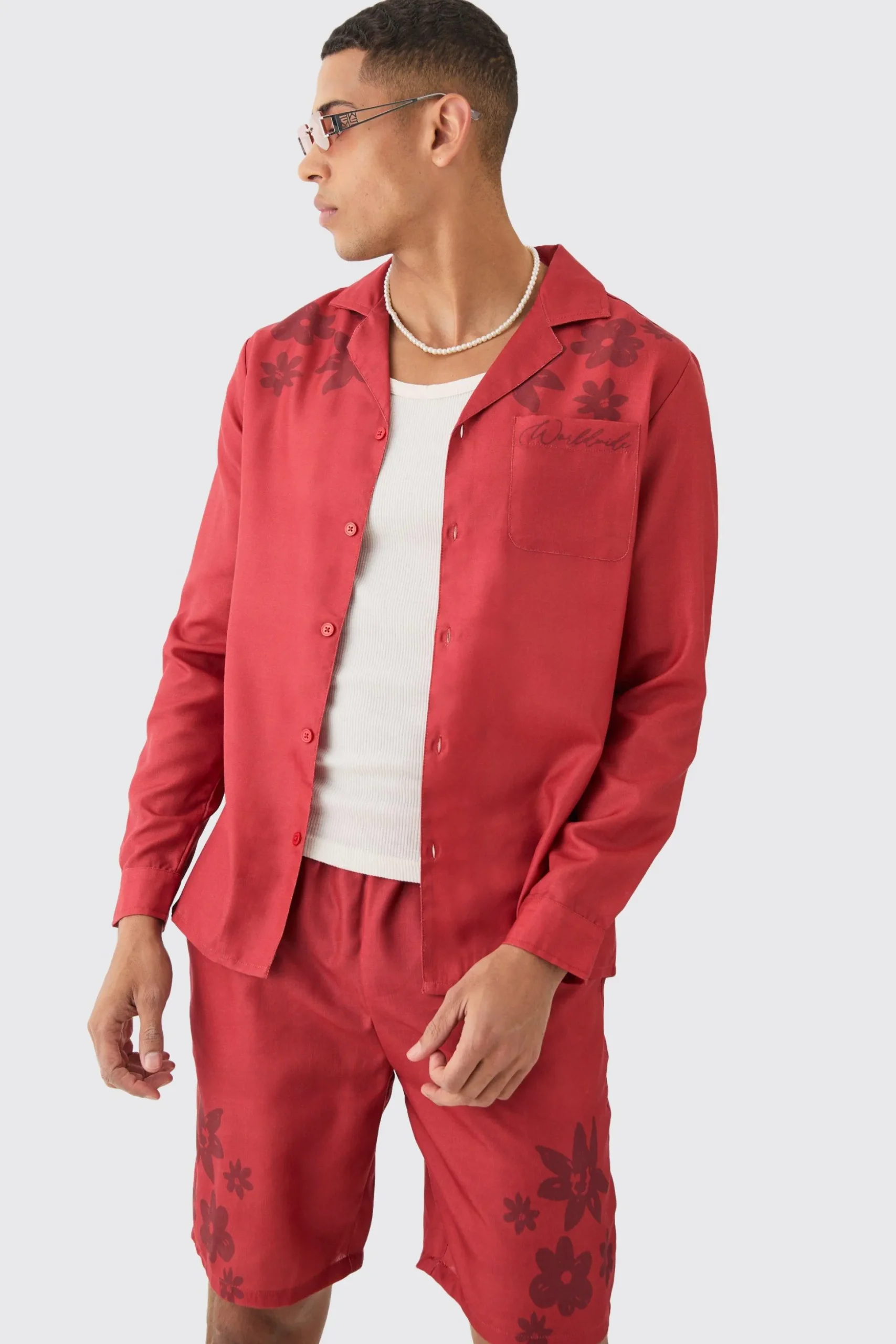 Linen Look Revere Tonal Floral Shoulder Shirt & Short Set | BoohooMAN UK