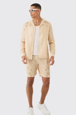 Linen Look Revere Tonal Floral Shoulder Shirt & Short Set | BoohooMAN UK
