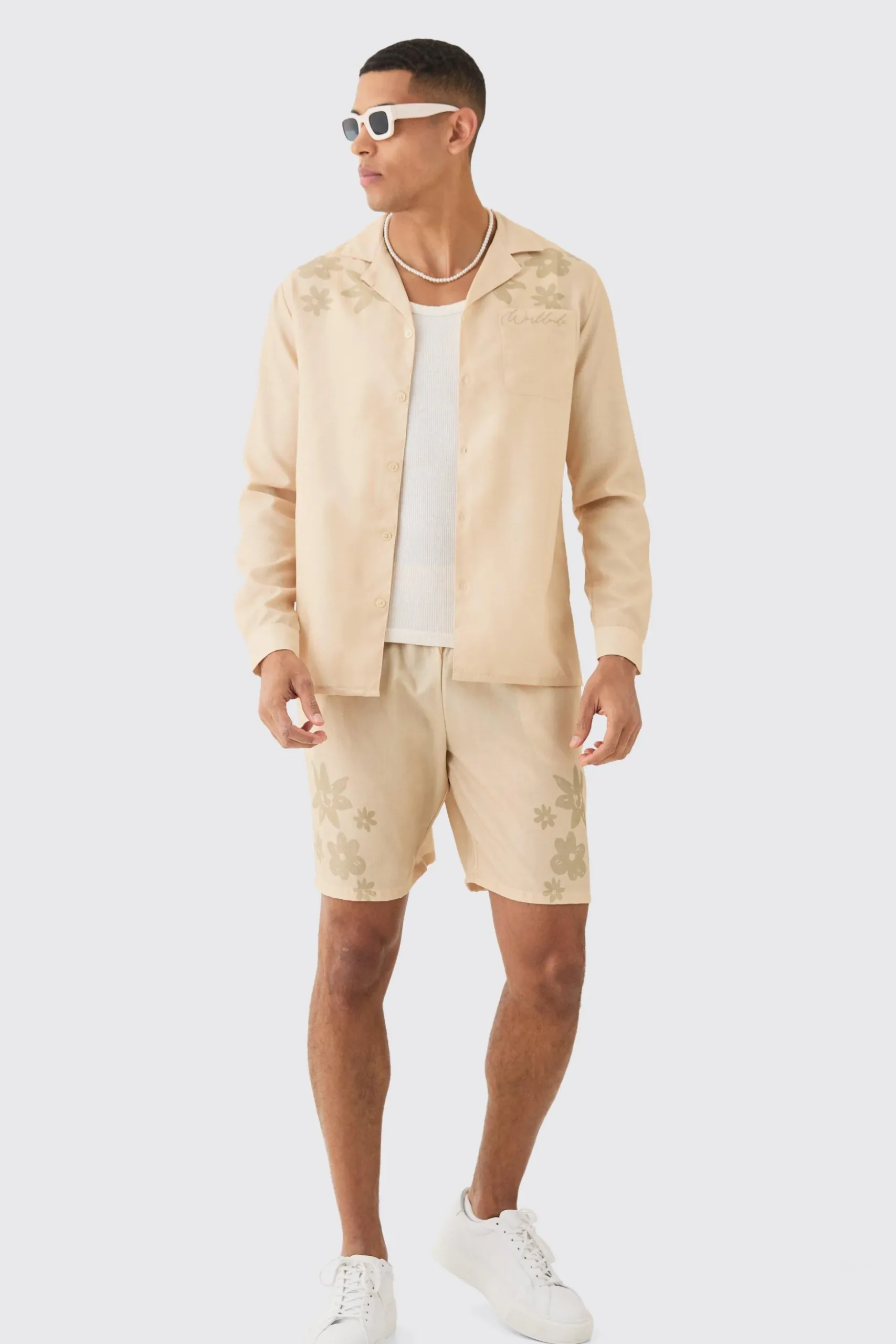 Linen Look Revere Tonal Floral Shoulder Shirt & Short Set | BoohooMAN UK