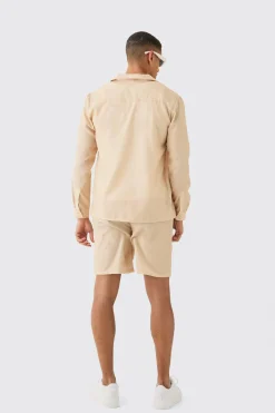 Linen Look Revere Tonal Floral Shoulder Shirt & Short Set | BoohooMAN UK