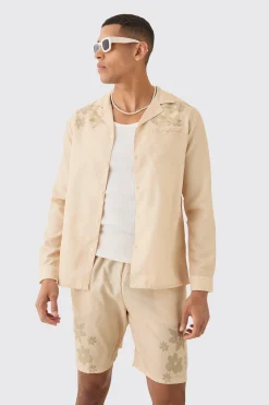Linen Look Revere Tonal Floral Shoulder Shirt & Short Set | BoohooMAN UK