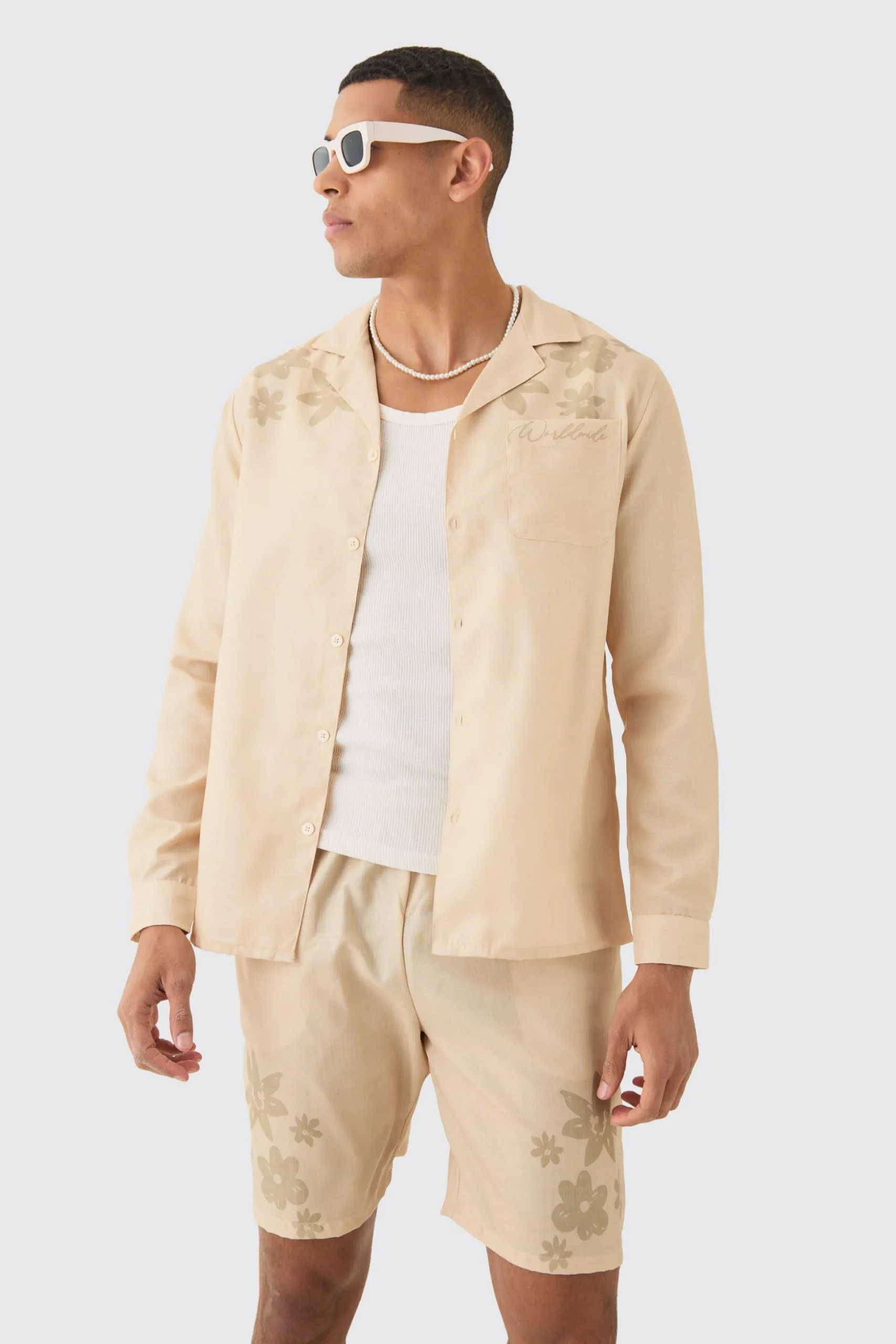 Linen Look Revere Tonal Floral Shoulder Shirt & Short Set | BoohooMAN UK