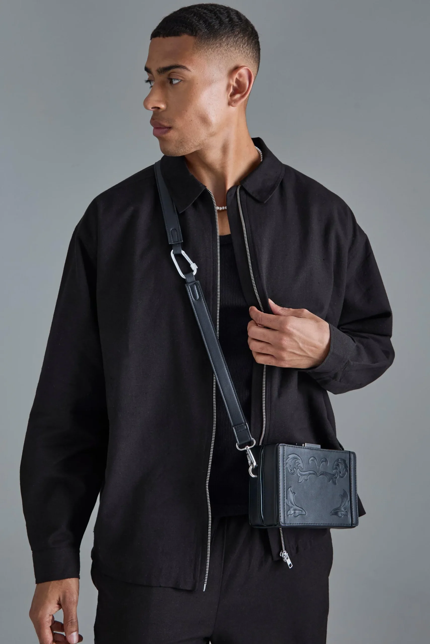 Linen Mix Relaxed Harrington Jacket | BoohooMAN UK