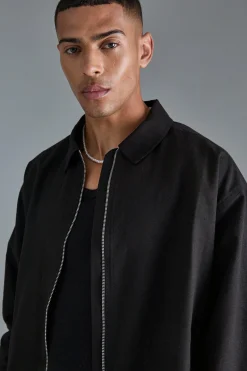 Linen Mix Relaxed Harrington Jacket | BoohooMAN UK