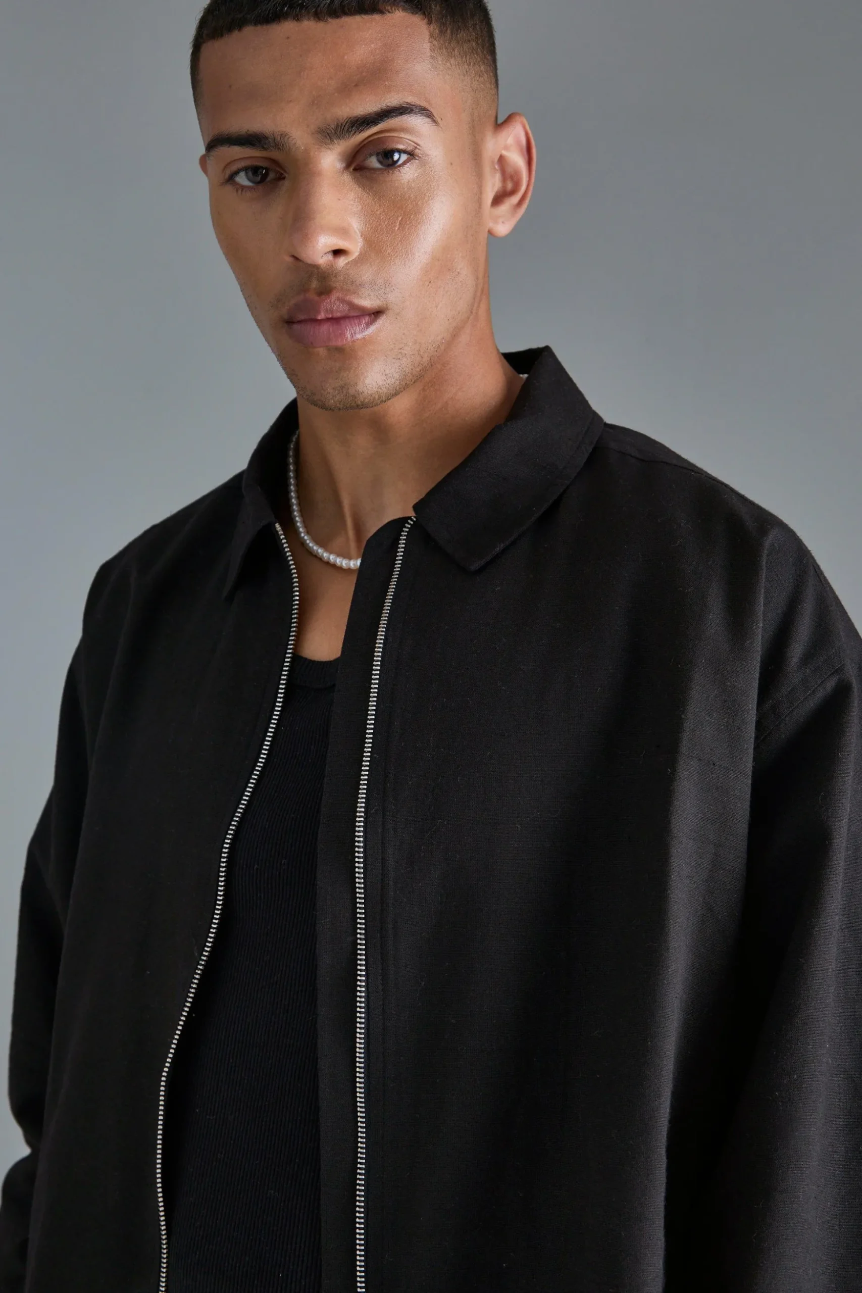 Linen Mix Relaxed Harrington Jacket | BoohooMAN UK